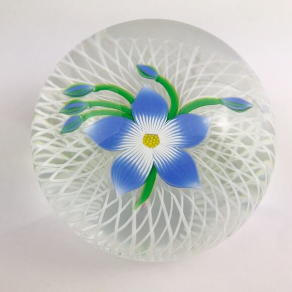 Perthshire 1984D Floral Spray Blue Lampwork Flower Spiral Latticinio Paperweight - Picture 3 of 13